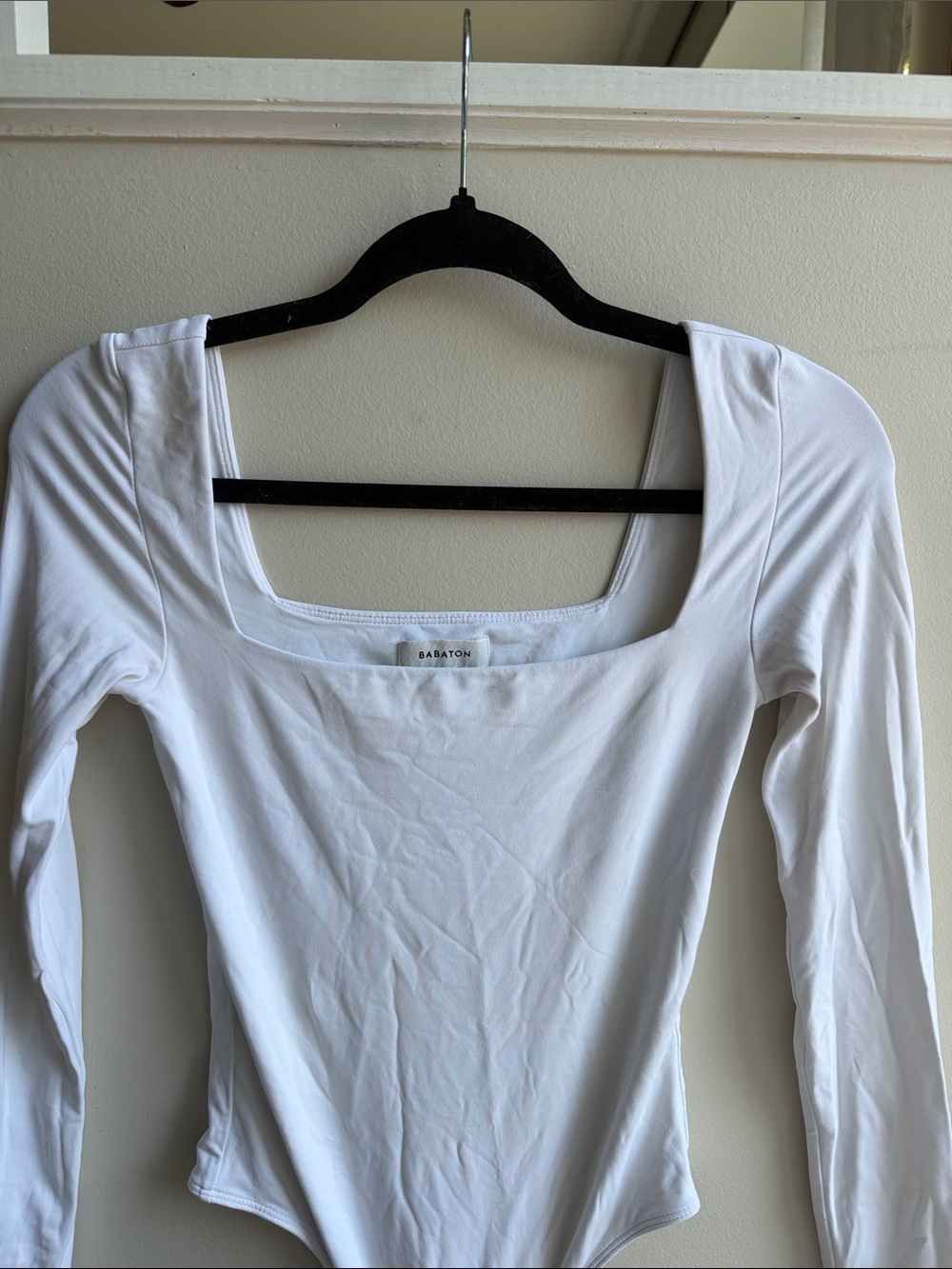 Babaton White Square Neck Long Sleeve Bodysuit